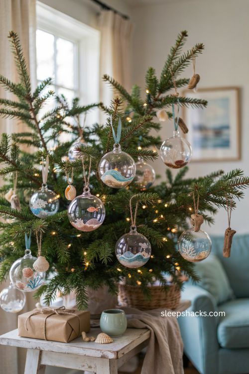 DIY coastal Christmas ornaments with decoupage seashell wave and fish designs 
