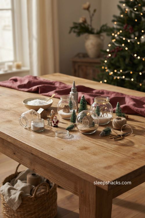 DIY dry fill Christmas snowglobes with miniature winter scenes and rustic holiday decor