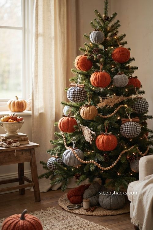 DIY fabric and yarn pumpkins on cozy fall Christmas tree with handmade ornaments 