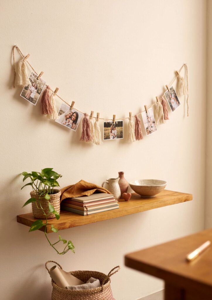 DIY fringe photo garland for cozy eclectic home office wall decor 