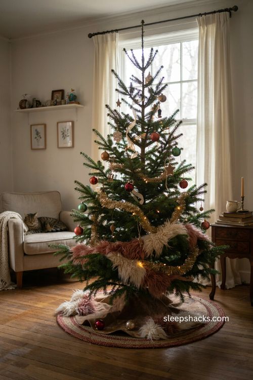 DIY fur tinsel texture on a Grinch Christmas tree 
