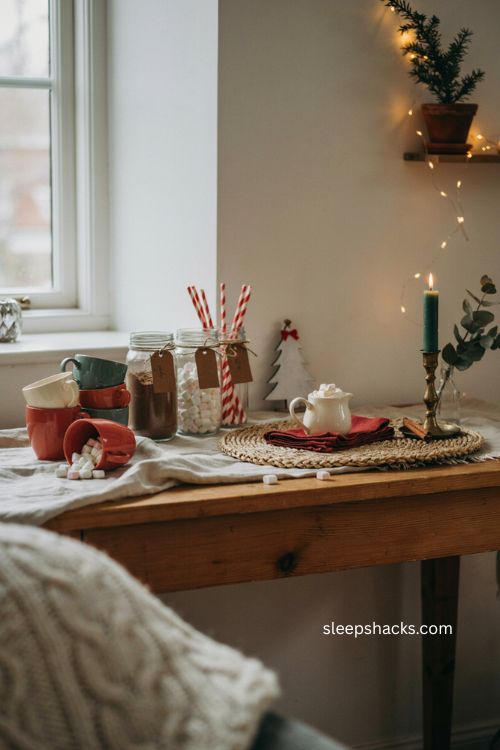 DIY grinch hot cocoa bar with green red mugs marshmallows and christmas jars