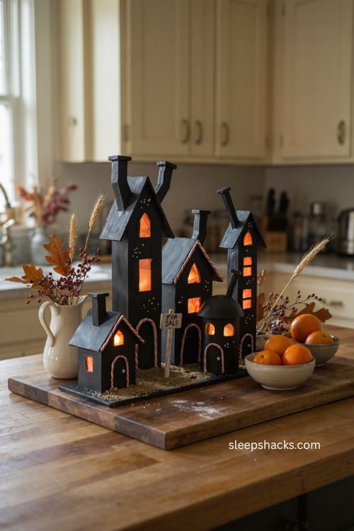 DIY haunted mini houses glowing on a cozy Halloween kitchen counter 