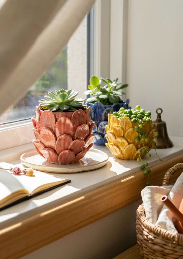 DIY layered clay petal planter with colorful flowers for cheerful office decor 