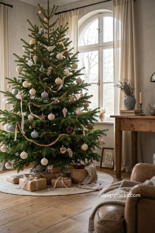 DIY old world Christmas ornaments in antique cream and blue gray 