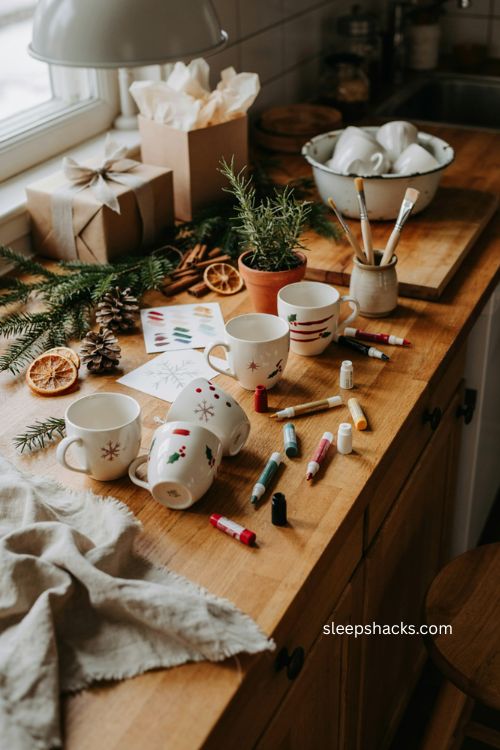 DIY painted Christmas mugs with ceramic paint pens snowflakes and handmade holiday designs 