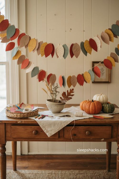 DIY paper leaf garland with handmade fall leaves and embroidery floss for Thanksgiving decor
