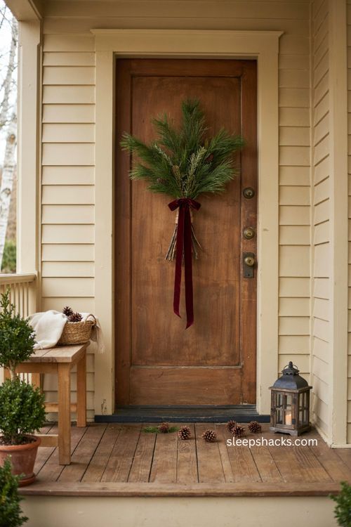 DIY ribbon tied pine swag for elegant Christmas porch decor 