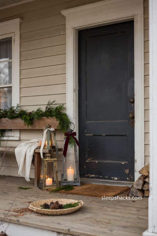 DIY ribbon wrapped lanterns for cozy Christmas porch decor 