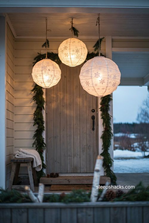DIY snowflake paper lanterns for Scandinavian Christmas porch decor 