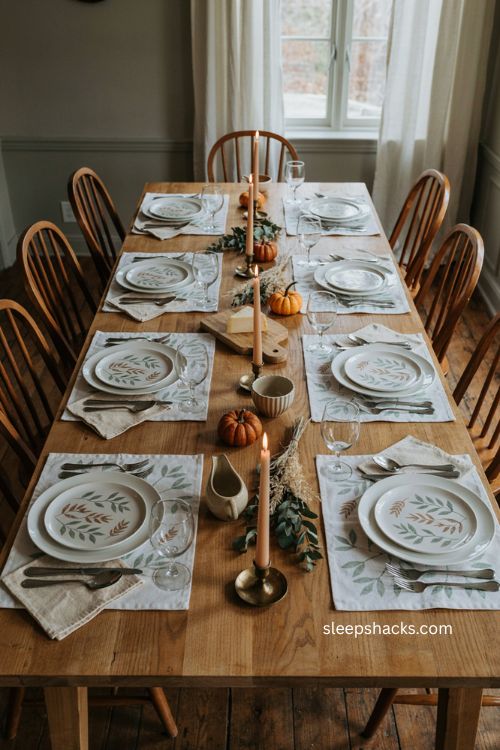 DIY stenciled leaf napkin placemats with white dinnerware on a Thanksgiving table 