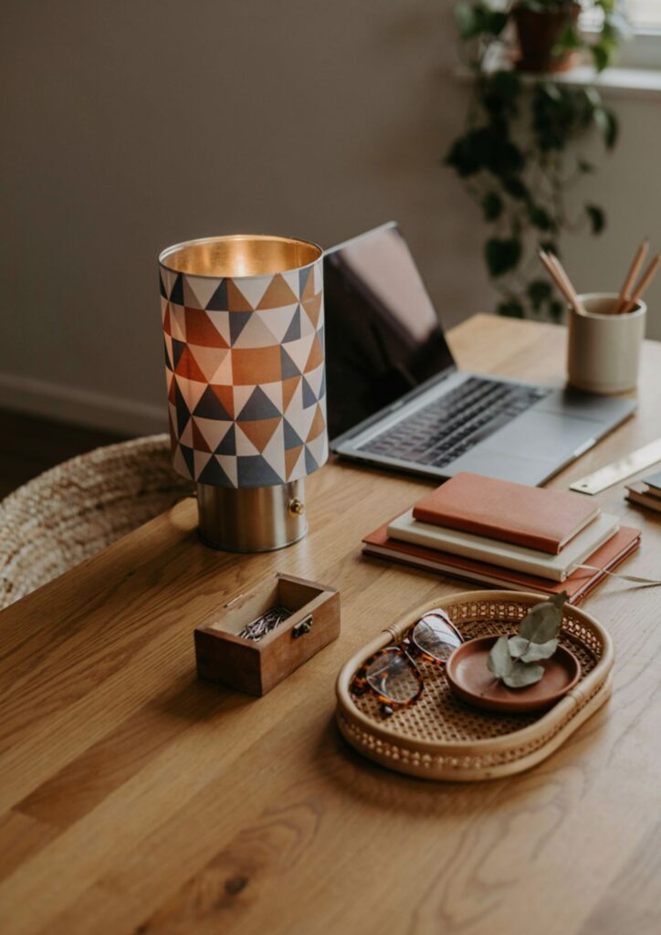 DIY tin can desk lamp with geometric paper for modern office decor 