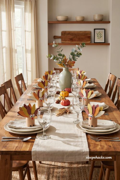 DIY turkey napkin rings for Thanksgiving table with colorful paper feathers and cloth napkins
