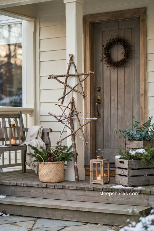 DIY twig star ornaments for rustic Christmas porch decor 