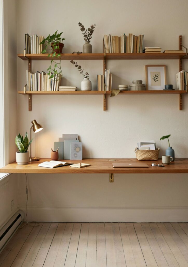 DIY wall mounted floating desk with shelving for small home office decor 