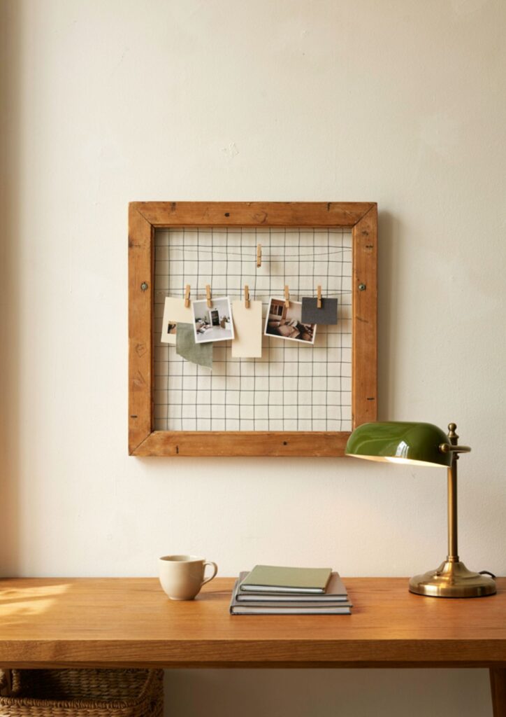 DIY wire memo board with warm wood frame for rustic home office decor 