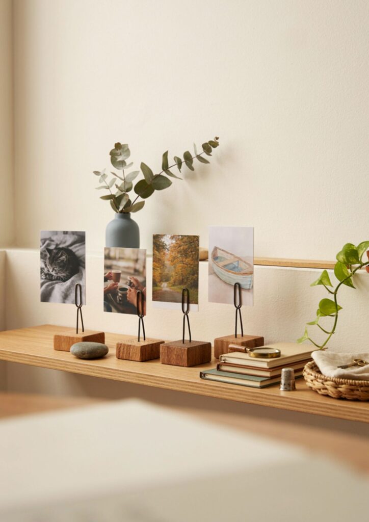 DIY wood and wire photo holders for minimalist home office decor 