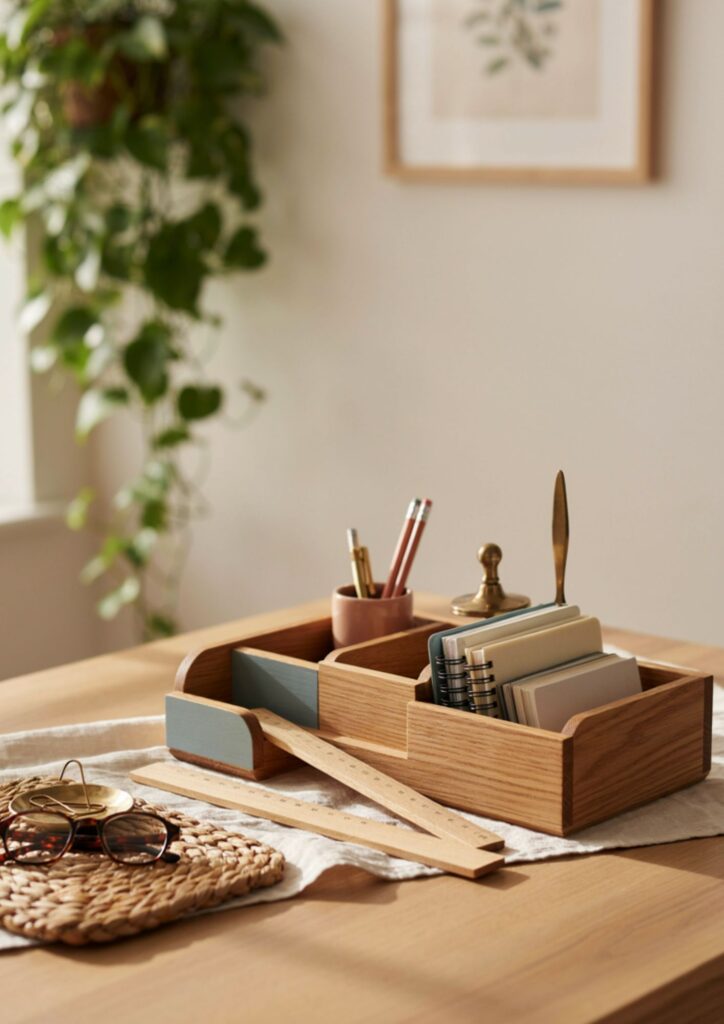 DIY wooden desk organizer with soft color accents for home office decor 