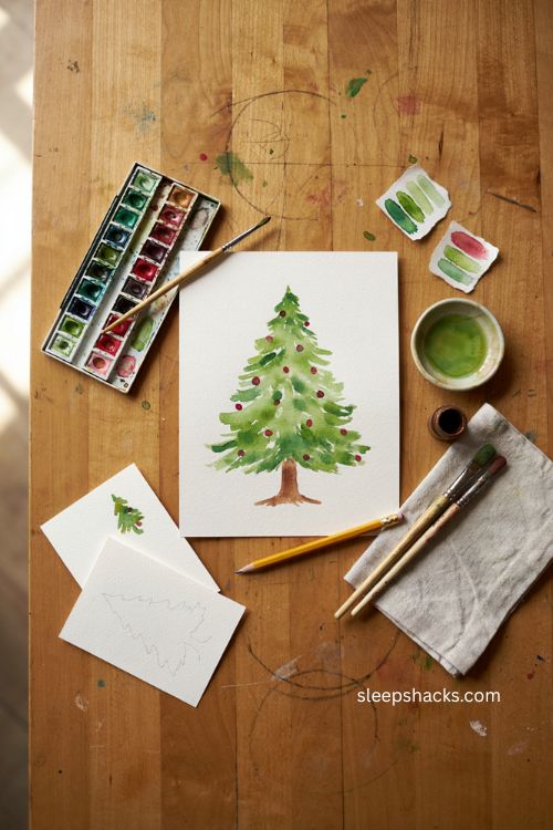 Dabbed brush watercolor Christmas tree card with red ornaments 