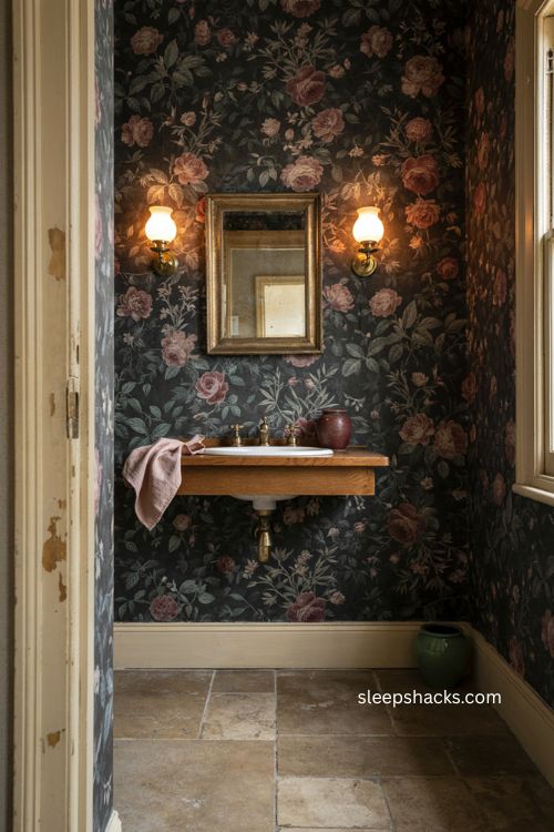 Dark floral wallpaper bathroom with vintage fixtures brass accents and romantic powder room style 
