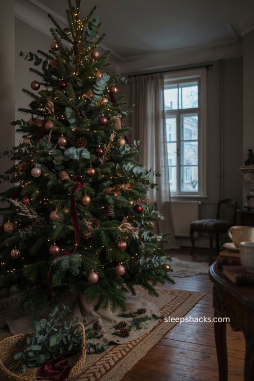Dark foliage and fresh greenery for a moody Christmas tree