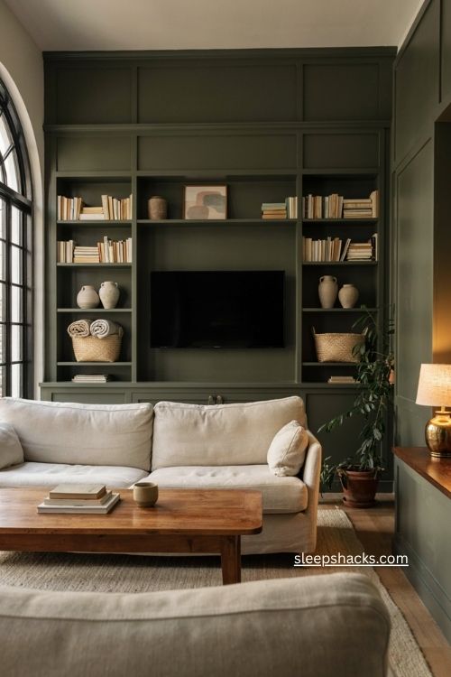 Dark green built in tv wall living room with olive cabinetry and warm wood
