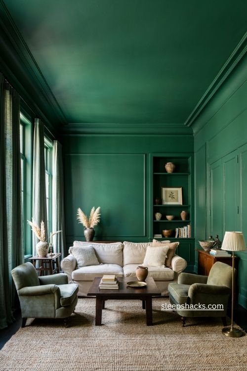 Dark green ceiling living room with cozy traditional decor and warm wood