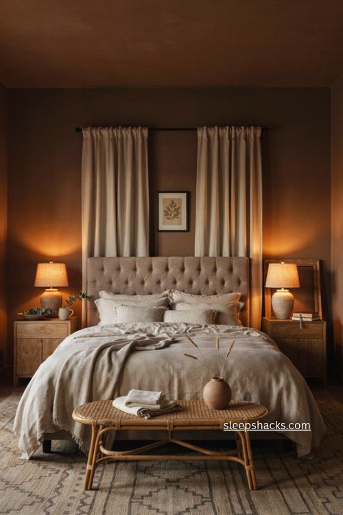 Dark moody primary bedroom with warm brown walls cream bedding and cozy lighting