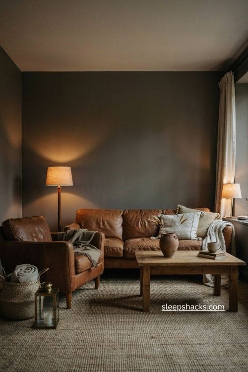 Dark moody western living room with charcoal walls leather furniture and warm lighting