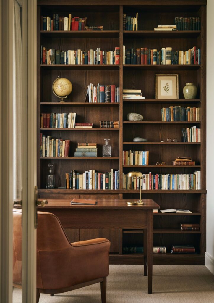 Dark wood floor to ceiling shelving with books in a refined mens office