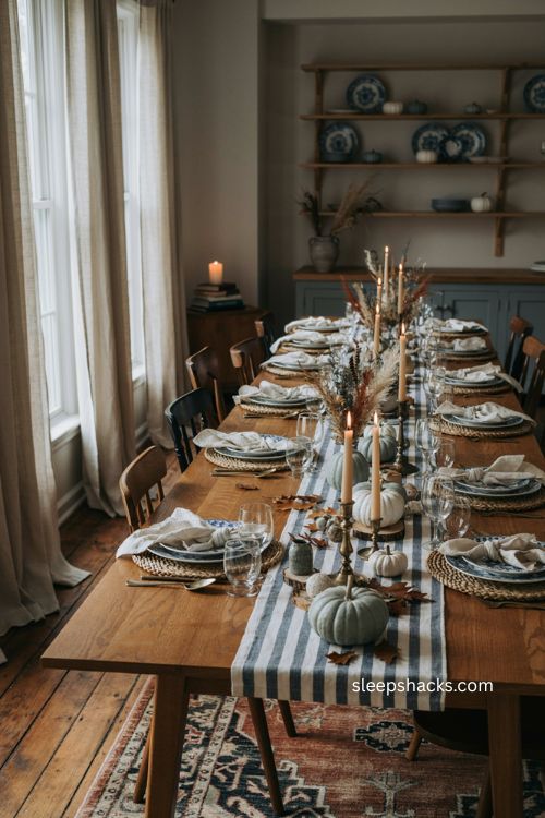 Deconstructed blue Thanksgiving centerpiece with pumpkins dried florals and feathers