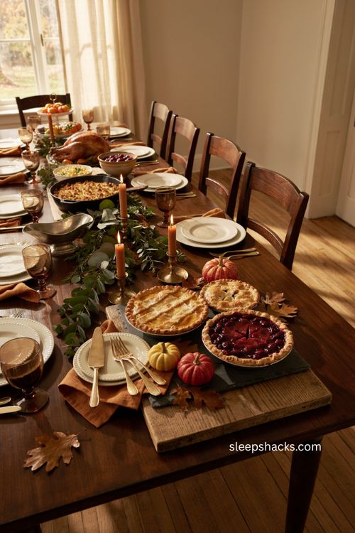 Dedicated Thanksgiving pie corner with pumpkin apple and cherry pies on rustic dessert table 