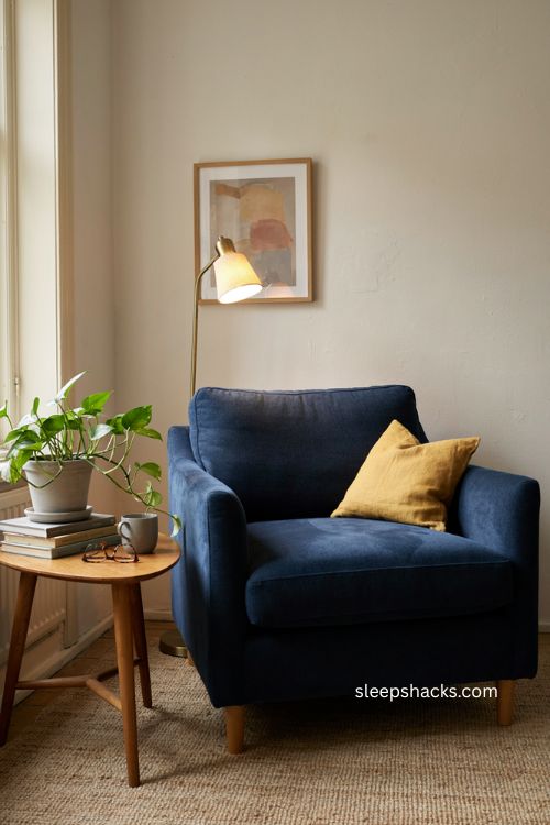 Deep blue accent chair in a calming therapy office with cream walls and warm decor 