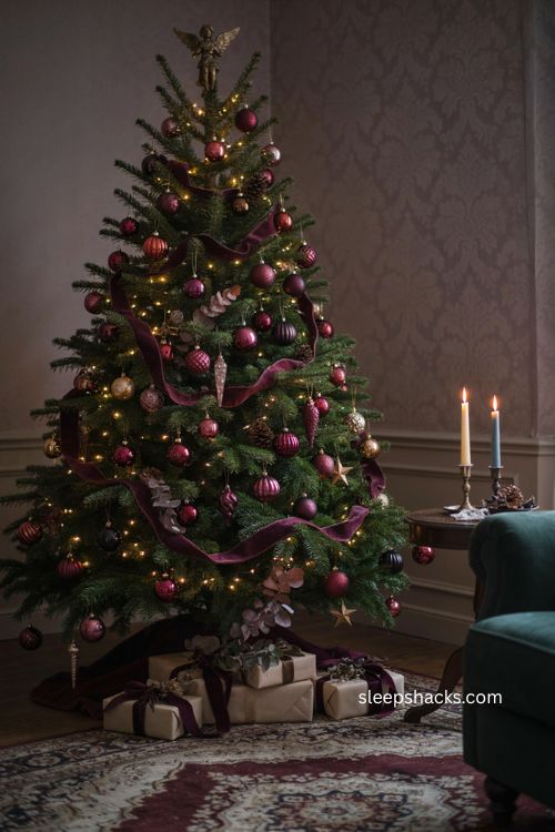 Deep burgundy and plum moody Christmas tree decor