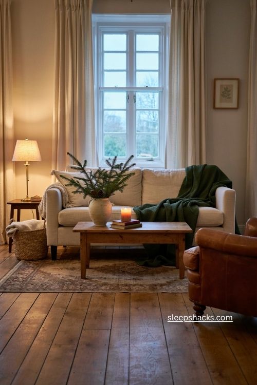 Deep green chenille Christmas throw on light cream sofa 