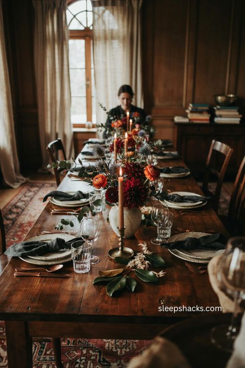Deep jewel tone Thanksgiving tablescape with burgundy dahlias blue thistle rusty ranunculus and dark greenery 