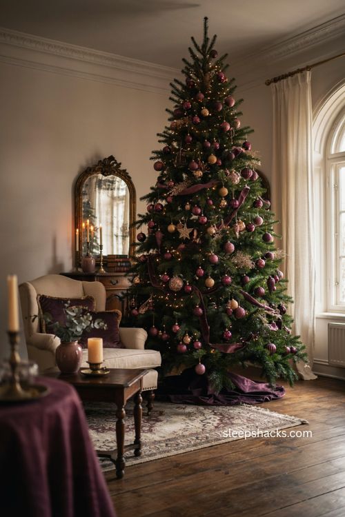 Deep plum and eggplant Christmas tree with gold ornaments and elegant evening decor 