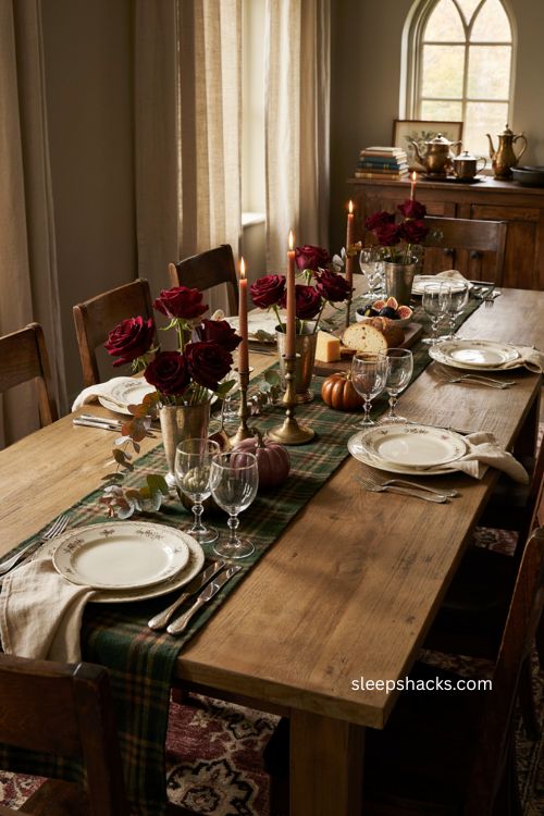 Deep red roses in silver julep cups Thanksgiving table Ralph Lauren country house decor 