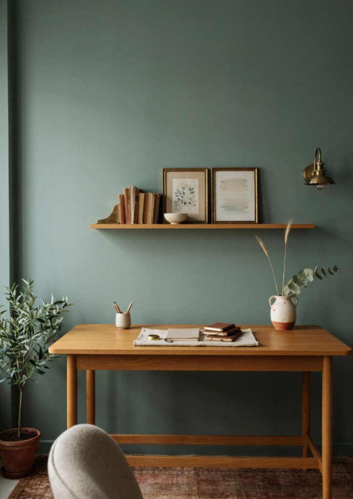 Deep sage green feature wall behind desk in a warm cozy home office