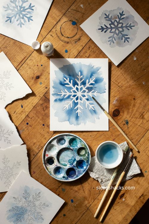 Delicate masking fluid snowflake watercolor Christmas card 