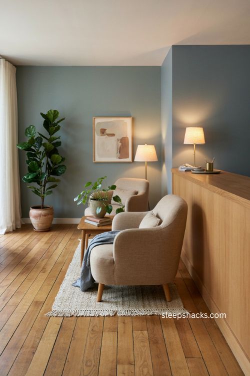 Dental office decor with calming blue green walls warm wood furniture and soothing natural textures