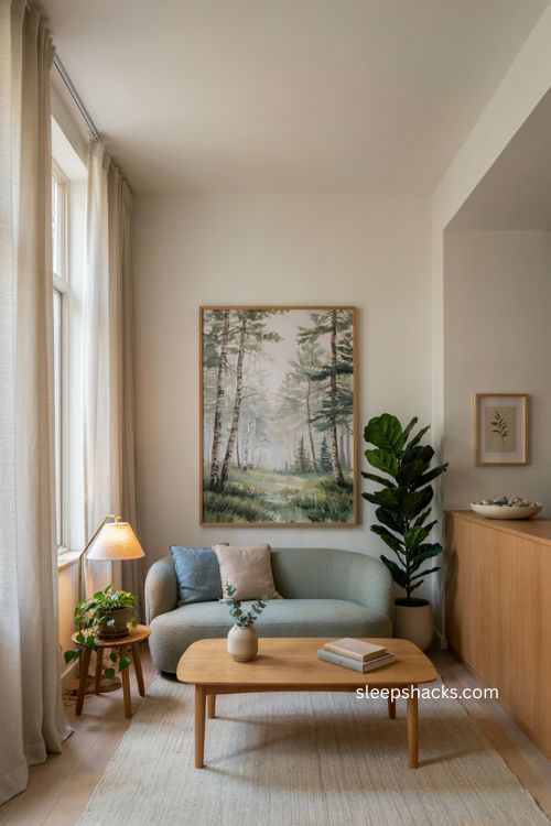 Dental office decor with calming forest photography botanical artwork warm wood and natural textures 