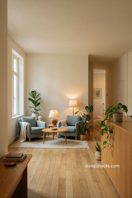 Dental office decor with grouped greenery natural wood reception and calming waiting room 