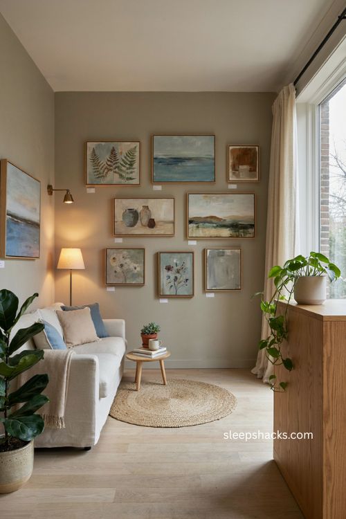 Dental office decor with rotating local art gallery warm wood frames and calming waiting room 