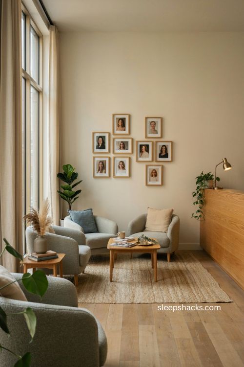 Dental office decor with warm staff photo wall natural wood frames and welcoming waiting room 