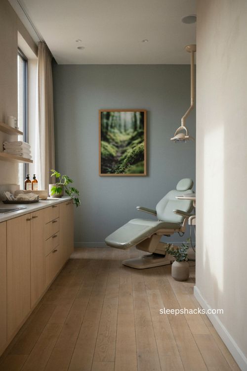 Dental treatment room decor with minimal nature artwork muted colors and calming simple design 
