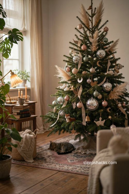 Different Christmas tree ideas with unexpected ornaments books pampas grass and houseplants