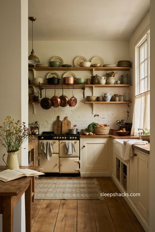 Displayed vintage kitchenware with open shelves and hanging pots in a rustic kitchen 