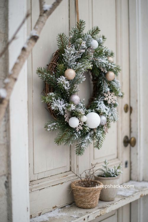 Diy flocked Christmas wreath with snowy branches and white ornaments 