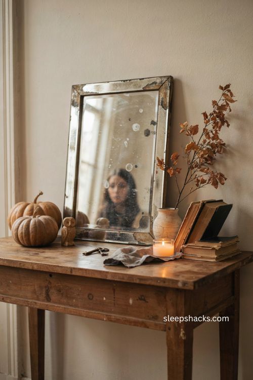 Diy ghostly face mirror with aged glass effect and cozy eerie Halloween hallway decor